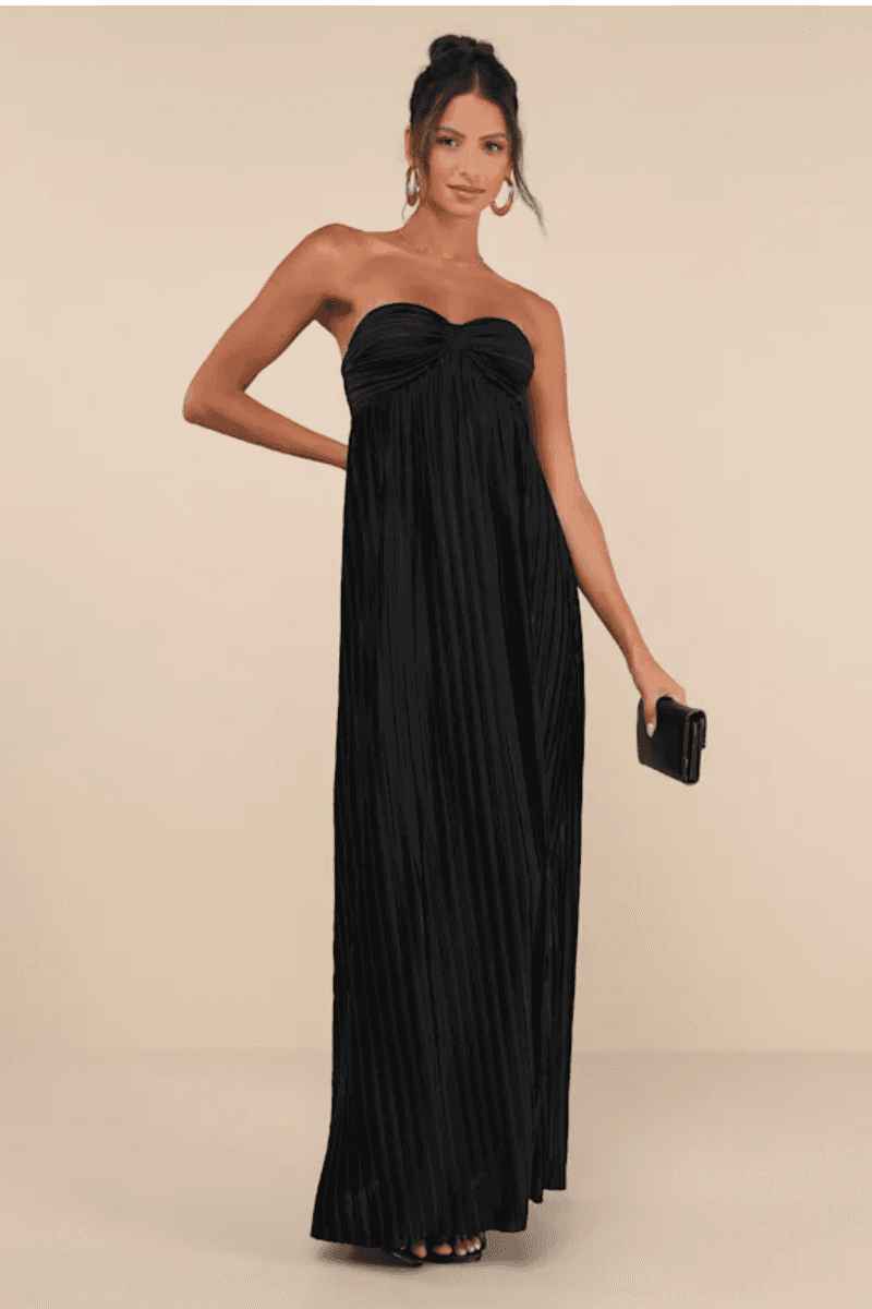 Lulus Whimsical Beauty Black Satin Plisse Strapless Maxi Dress