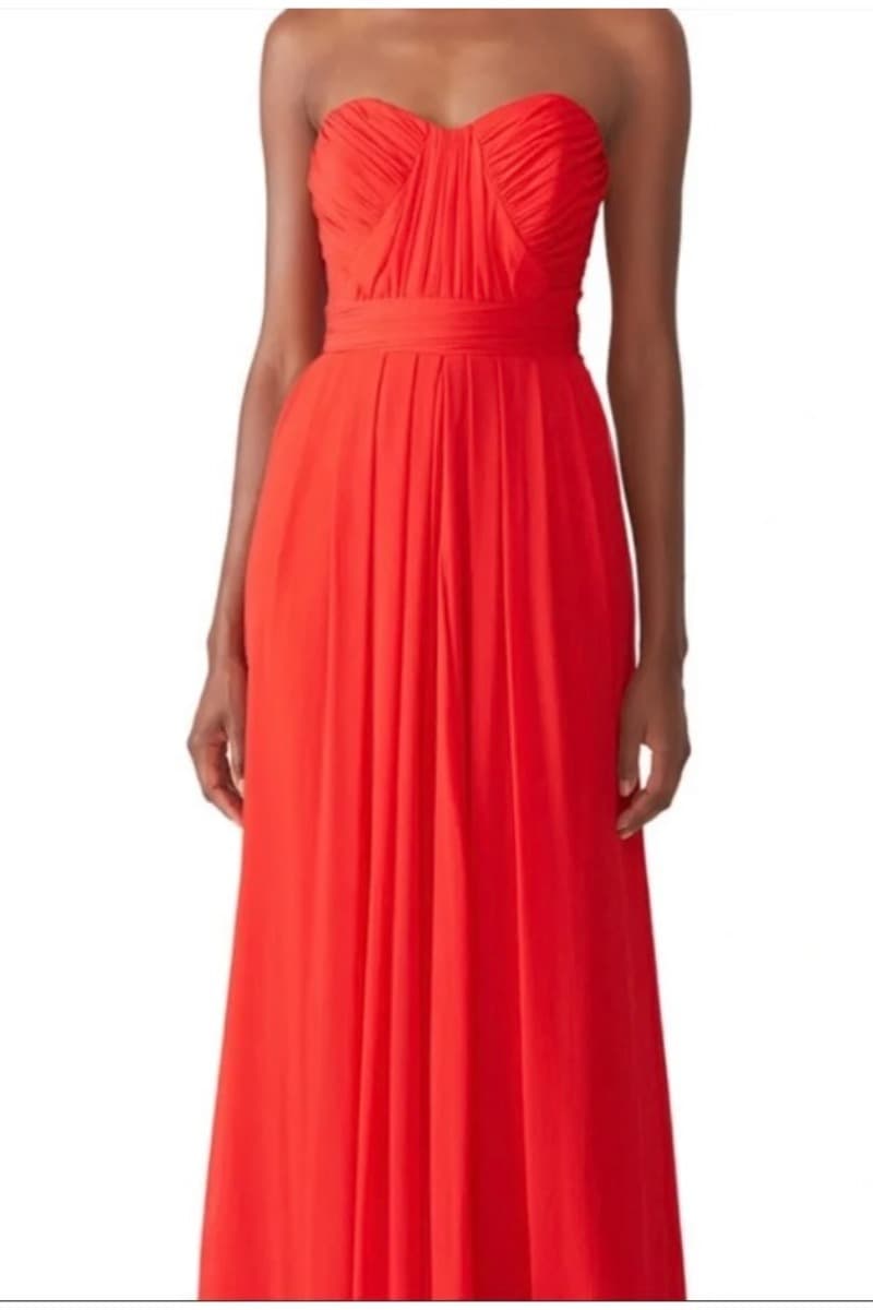 Badgley Mischka Red Strapless Ruched Chiffon Evening Gown